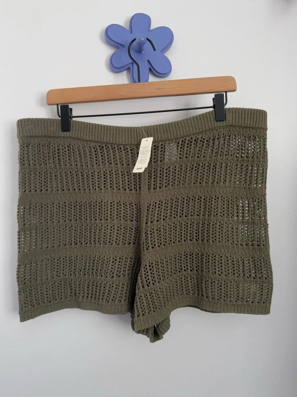 Aerie XL NEW Crochet Open Knit Shorts Olive Green Resort Vacation Tropical